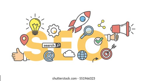 SEO Concept Banner On White Background. Word With Icons As Light Bulb, Rocket, Cloud And Like Button.