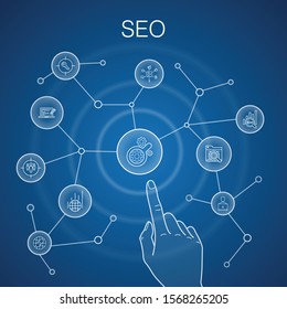 SEO concept, blue background. Search engine, Target keywords, Web analytics, SEO monitoring icons