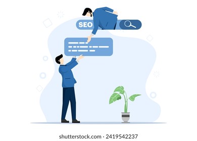 Concepto SEO, el empresario ayuda a optimizar la URL del sitio web para el ranking de la barra de búsqueda 1, optimización del motor de búsqueda para ayudar al sitio web a alcanzar el mejor ranking, promoción del sitio web o concepto de comunicación.