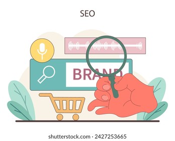 SEO concept. Display of SEO practices with a focus on increasing brand visibility and online presence through search optimization. Flat vector illustration.