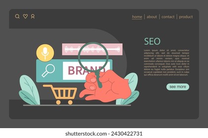 SEO concept. Display of SEO practices with a focus on increasing brand visibility and online presence through search optimization. Flat vector illustration.