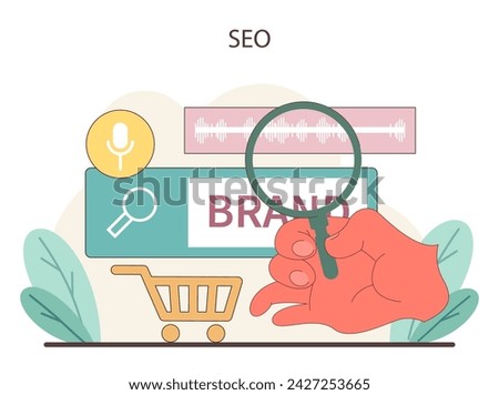 SEO concept. Display of SEO practices with a focus on increasing brand visibility and online presence through search optimization. Flat vector illustration.