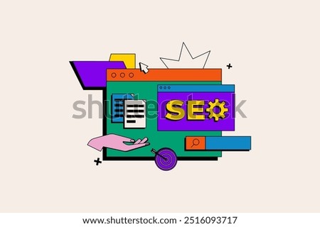 SEO concept in the flat cartoon style. This visually appealing illustration includes various elements such as hands on web pages and gear icons that represent SEO. Vector illustration.