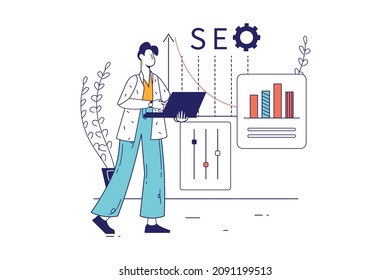 SEO concept in flat line design for web banner. Man research and analyzes data, settings search engine, doing optimization web pages, modern people scene. Vector illustration in outline graphic style