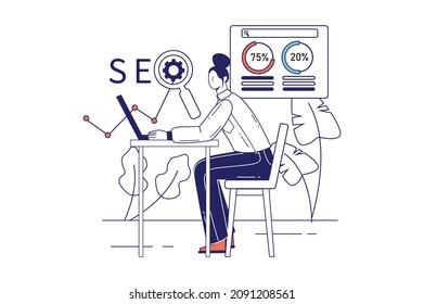 SEO concept in flat line design for web banner. Woman analyzes search results and website ranking, optimization and development, modern people scene. Vector illustration in outline graphic style