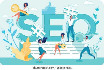 SEO Concept. Huge Search Engine Optimization Abbreviation. Men and Women Dressed Smart Holding Keys and Hashtag Signs in Hands Against It, Knowing How to Increase Quality and Quantity Website Traffic.
