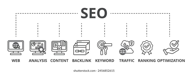 SEO concept icon illustration contain WEB, analysis, content, backlink, keyword, traffic, ranking and optimization.