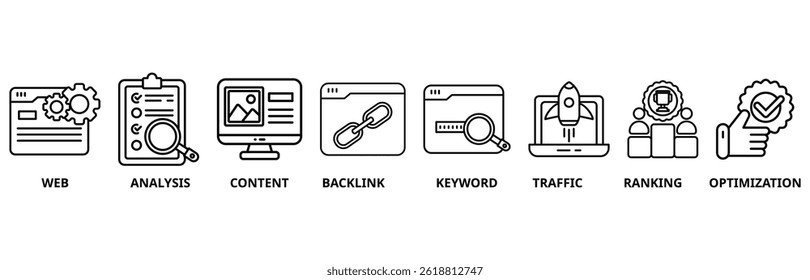 SEO concept icon illustration contain WEB, analysis, content, backlink, keyword, traffic, ranking and optimization.