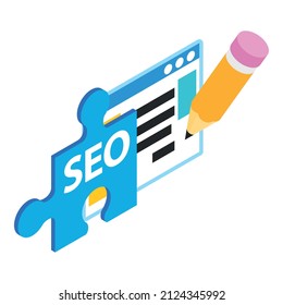 Seo concept icon isometric vector. Piece of puzzle with inscription seo, web page. Search engine optimization, internet marketing