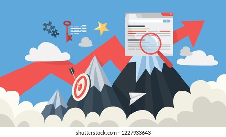 SEO concept. Idea of search engine optimization for website as marketing strategy. Web page promotion in the internet leads to business growth. Isolated flat vector illustration