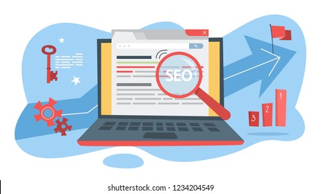 SEO concept. Idea of search engine optimization for website as marketing strategy. Web page promotion in the internet. Magnifying glass make analysis. Isolated flat vector illustration