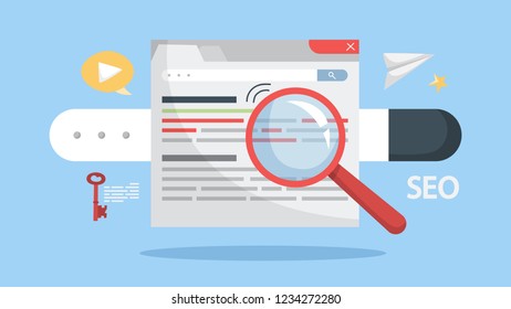 SEO concept. Idea of search engine optimization for website as marketing strategy. Web page promotion in the internet. Magnifying glass make analysis. Isolated flat vector illustration