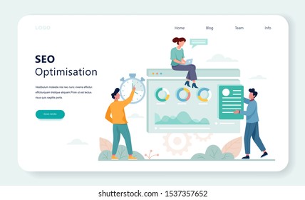 SEO concept. Idea of search engine optimization for website as marketing strategy. People make web page promotion in the internet. Vector illustration in cartoon style
