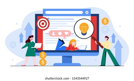 SEO concept. Idea of search engine optimization for website and social media as marketing strategy. Web page promotion in the internet. Isolated flat vector illustration