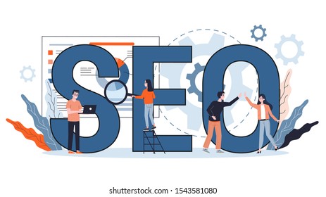 SEO concept. Idea of search engine optimization for website as marketing strategy. Web page promotion in the internet. Vector illustration in cartoon style