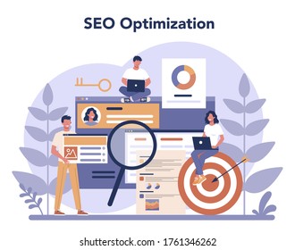 SEO concept. Idea of search engine optimization for website as marketing strategy. Web page promotion in the internet. Vector illustration in cartoon style