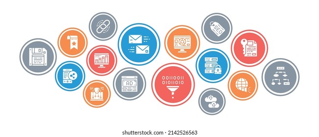 SEO concept illustration banner. Bookmark, Hosting, Hyperlink, Advertisement, Data Transfer vector banner for web page.