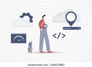 Ilustración conceptual SEO. Hombre con una lupa, alrededor de varios elementos de optimización de motores de búsqueda de sitios web.