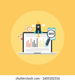 SEO Concept with Laptop and Icons flat design