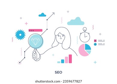  Ilustración vectorial lineal por concepto SEO. Tecnología de optimización de motores de búsqueda. Composición de caricaturas de mejora de la visibilidad del sitio web para el diseño web. Idea creativa para sitio web, afiche, presentación