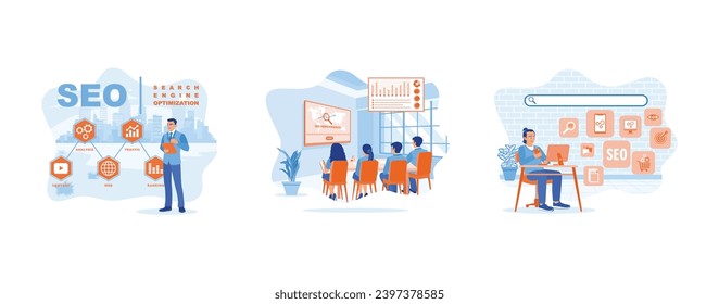 SEO concept. Male manager using digital tablet. Four young businesspeople are sitting in a conference room. SEO and online search engine icon. Set Trend Modern vector flat illustration