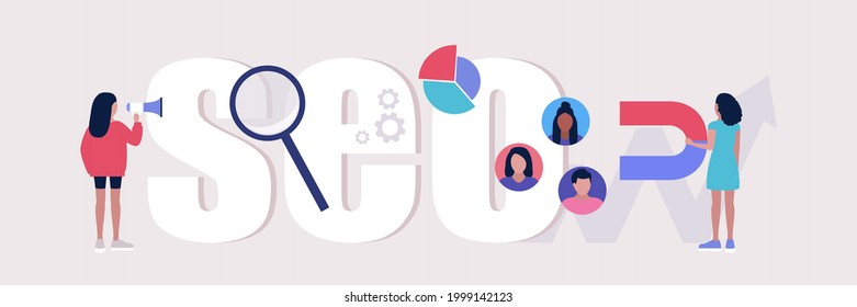 SEO concept. Managers attract customers, analyze statistics, optimize the processes of websites and social networks. Concept vector set in a flat style
