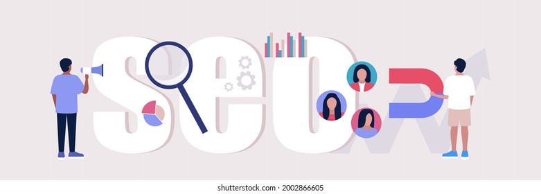 concepto SEO. Los administradores atraen clientes, analizan estadísticas, optimizan los procesos de sitios web y redes sociales. Vector de concepto establecido en un estilo plano