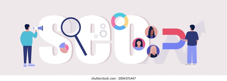SEO concept. Managers attract customers, analyze statistics, optimize the processes of websites and social networks. Concept vector set in a flat style