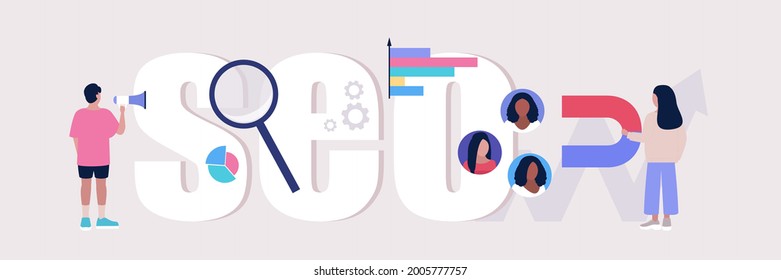 SEO concept. Managers attract customers, analyze statistics, optimize the processes of websites and social networks. Concept vector set in a flat style