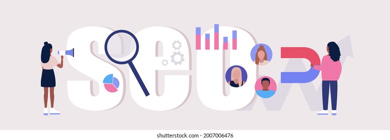 SEO concept. Managers attract customers, analyze statistics, optimize the processes of websites and social networks. Concept vector set in a flat style