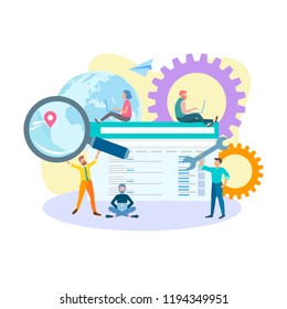 Seo concept optimization. Internet marketing, targeted advertising, teamwork, search engine optimization. Vector illustration for banners, social media, blogging, advertising posters.