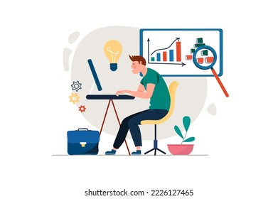 SEO concept with people scene in the flat cartoon style. Programmer works at a computer and analyzes data in tables. Vector illustration.
