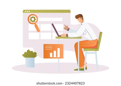 SEO-Konzept mit Menschen-Szene in der flachen Cartoon-Design. Ein Mann löst komplexe Fragen der Unternehmensförderung. Vektorgrafik.
