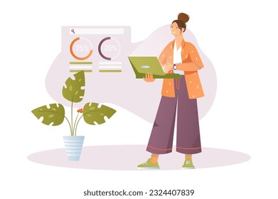 SEO concept with people scene in the flat cartoon design. The girl is working on the promotion of the client's business. Vector illustration.