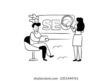 SEO concept with people scene in the flat line cartoon design. SEO specialists analyses and work on optimizing clients' websites . Vector illustration.