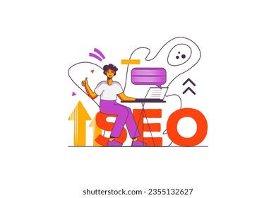 Concepto SEO con la escena de la gente en el diseño de caricaturas planas. Un especialista en optimización trabaja para mejorar las posiciones del sitio web de un cliente. Ilustración vectorial.