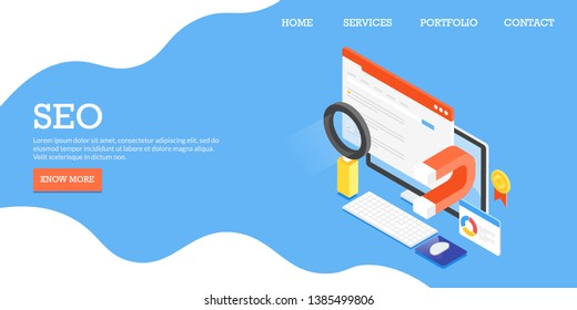 SEO concept, Search engine optimization, Marketing ranking, isometric vector banner with icons and texts, isolated on blue background