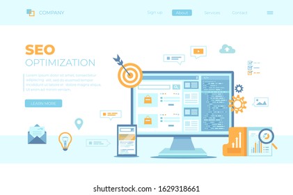 SEO concept, Search Engine Optimization, Web analytics. Monitor and phone with search results website on the screens. Can use for web banner, landing page, web template. Vector illustration