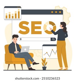 SEO conceito Search engine otimization ilustração vetor plana. Conceito de otimização de mecanismo de pesquisa para banner, design de site ou página da Web inicial