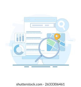 SEO Concept, Search Engine Optimization, Search Engine Result Page with Map for Business. Search Engine Map, Search Engine Displays Business Location in Results. Simple Illustration.
