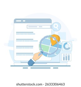 Conceito de SEO, Otimização do Mecanismo de Pesquisa, Página de Resultados do Mecanismo de Pesquisa com Mapa para Negócios. Mapa do Mecanismo de Pesquisa, Mecanismo de Pesquisa Exibe a Localização do Negócio em Resultados. Ilustração Simples.