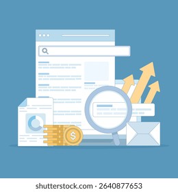 SEO concept search engine optimization, search marketing, digital marketing strategy. keywords to improve page rank. web promotion or other SEO issues. vector illustration design on background.