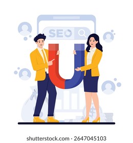 SEO Conceito Search Engine Otimization Keyword Research, Otimization Techniques, User Engagement, and Data Analytics for Effective Digital Marketing Strategy Vetor Illustration Set Flat Design