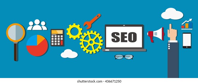 seo concept; Search Engine Optimization. Flat design background