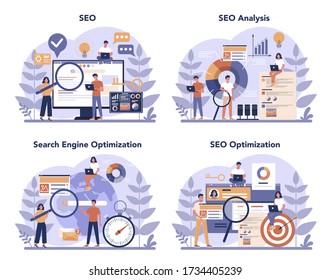 SEO concept set. Idea of search engine optimization for website as marketing strategy. Web page promotion in the internet. Vector illustration in cartoon style