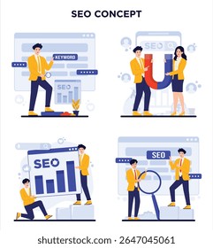 SEO Concept Set Search Engine Otimization Keyword Research, Otimization Techniques, User Engagement, and Data Analytics for Effective Digital Marketing Strategy Vetor Illustration Set Flat Design