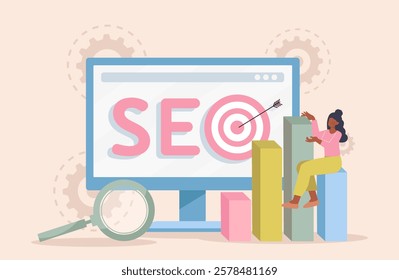 SEO concept showing target on computer screen, magnifying glass, bar graphs, and person sitting on a bar. Flat style on a soft beige background. Vector illustration.