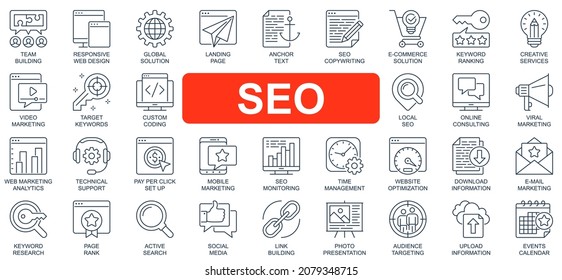 SEO Konzept einfache Linie Symbole gesetzt. Paket der Optimierung, Lösung, Landing Page, Keyword, Ranking, Video Marketing, Ziel und andere. Umrisssymbole für das Vectorpack-Design von Websites oder mobilen App-Designs