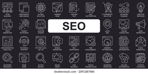 Conjunto de iconos de línea simple de concepto SEO. Conjunto de optimización, solución, página de inicio, palabra clave, clasificación, video marketing, destino y otros. Símbolos de esquema de paquete vectorial para diseño de sitio web o aplicación móvil