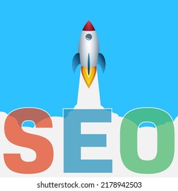 SEO concept with space rocket launching into blue sky, vector illustration